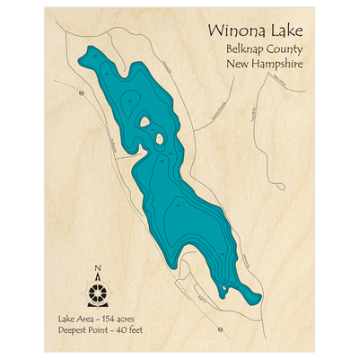 Bathymetric topo map of Winona Lake with roads, towns and depths noted in blue water