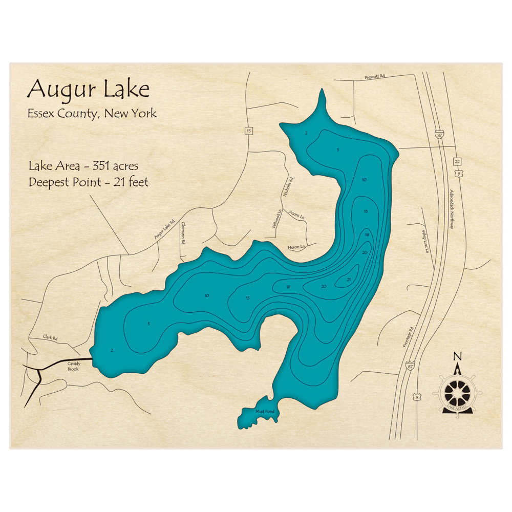 Bathymetric topo map of Augur Lake with roads, towns and depths noted in blue water