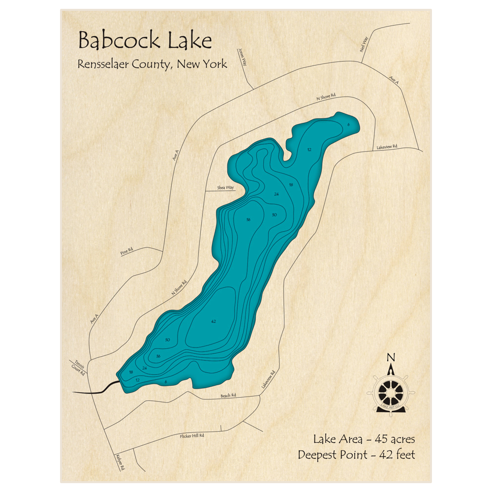 Bathymetric topo map of Babcock Lake with roads, towns and depths noted in blue water