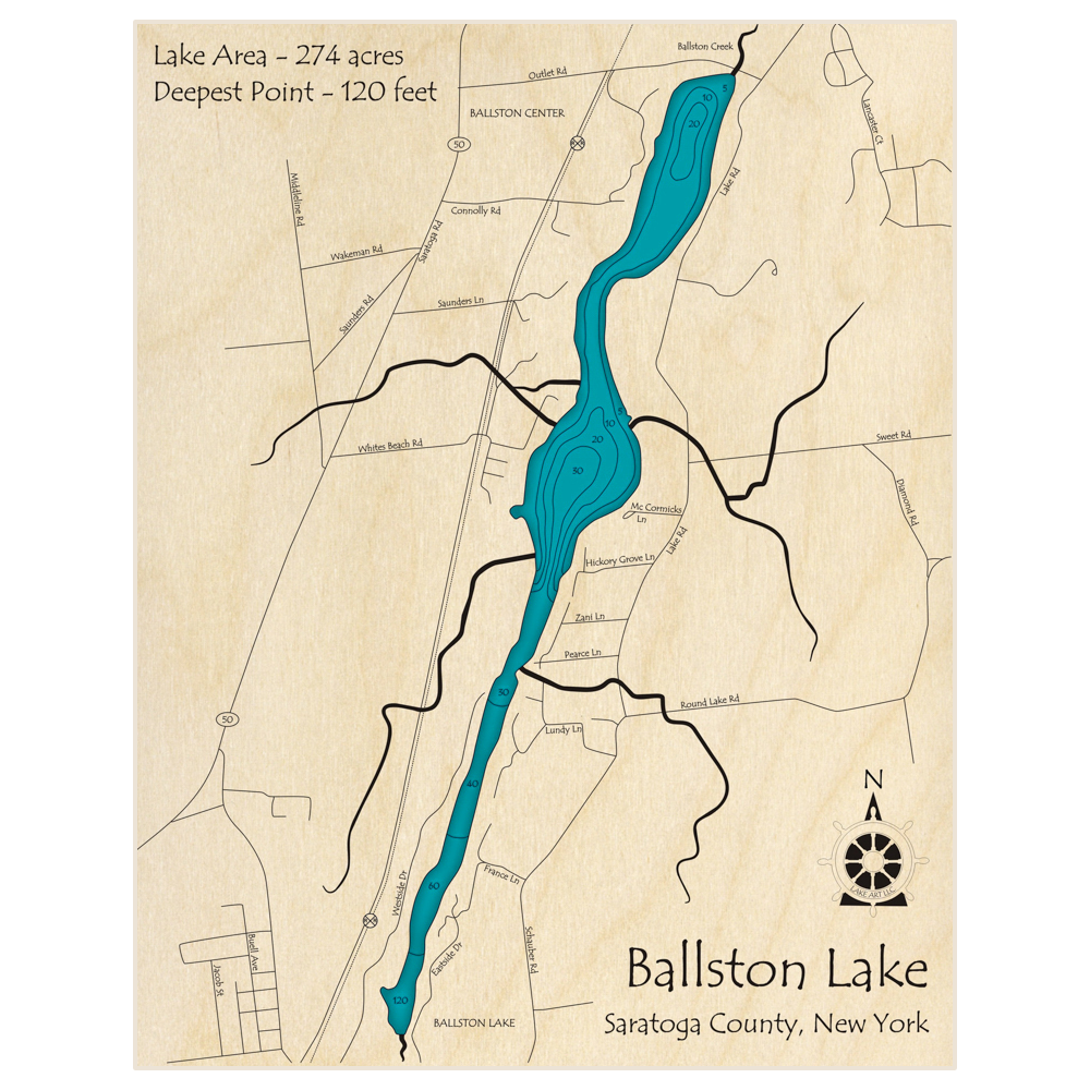 Bathymetric topo map of Ballston Lake with roads, towns and depths noted in blue water