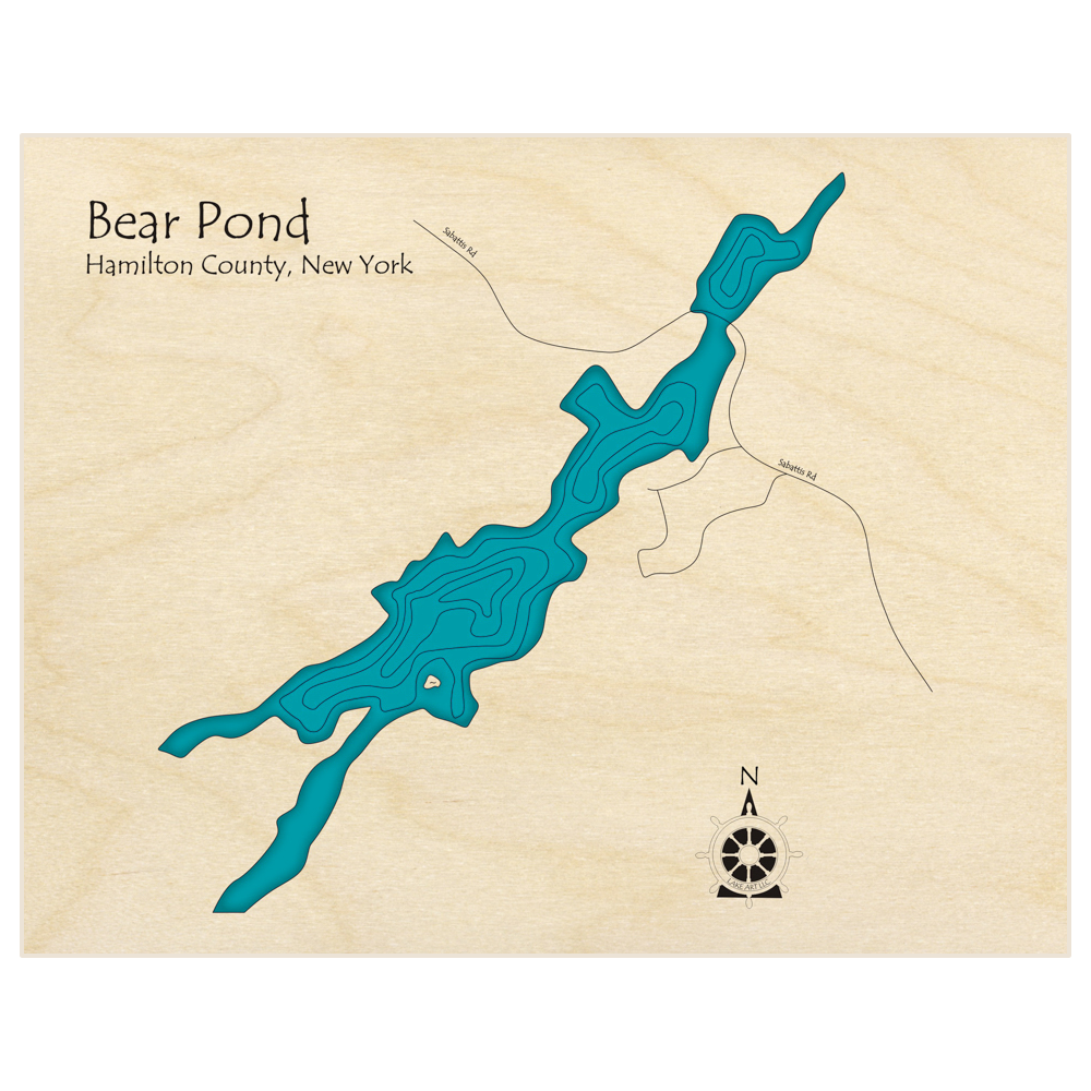 Bathymetric topo map of Bear Pond  with roads, towns and depths noted in blue water