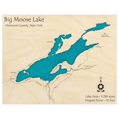 Bathymetric topo map of Big Moose Lake with roads, towns and depths noted in blue water