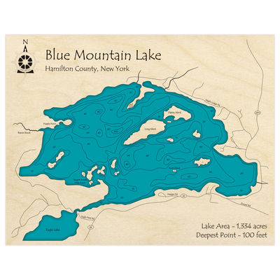 Bathymetric topo map of Blue Mountain Lake with roads, towns and depths noted in blue water