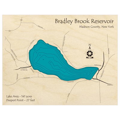 Bathymetric topo map of Bradley Brook Reservoir with roads, towns and depths noted in blue water