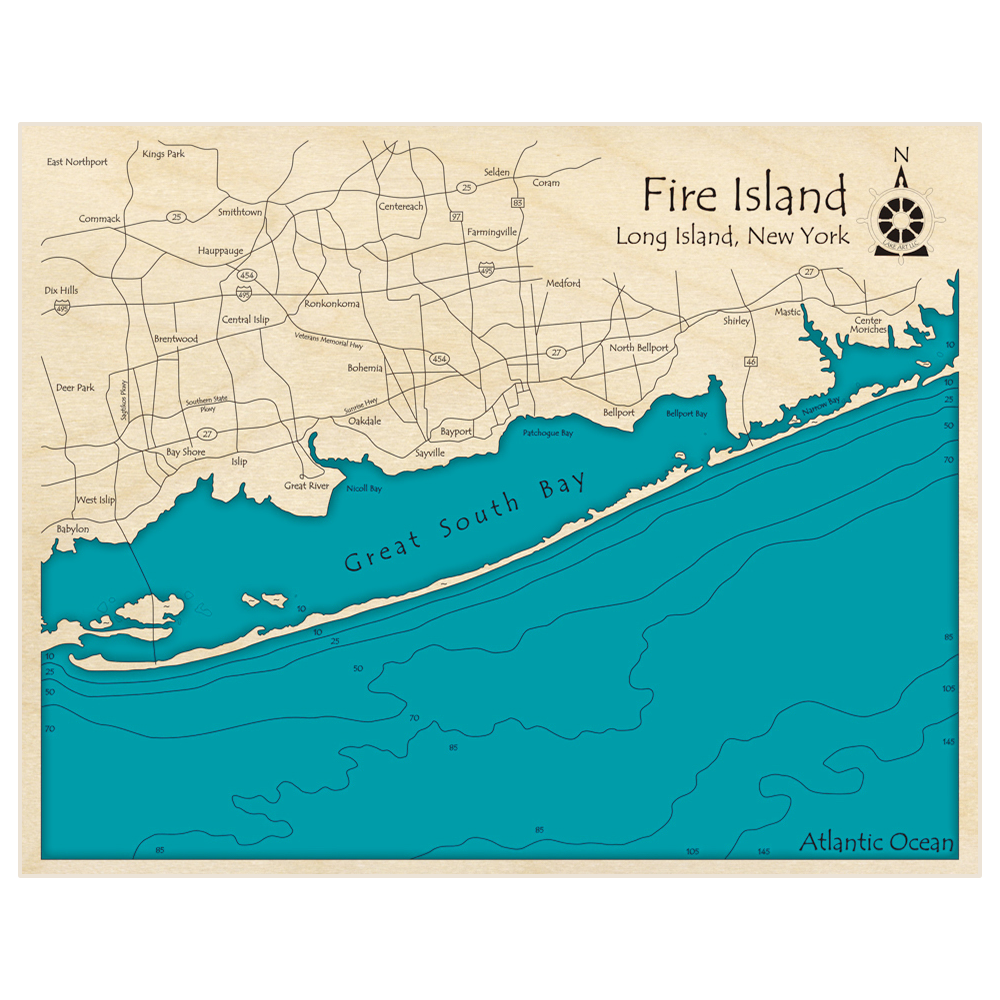 Fire Island Long Island Sound 3D Custom Wood Map Lake Art LLC