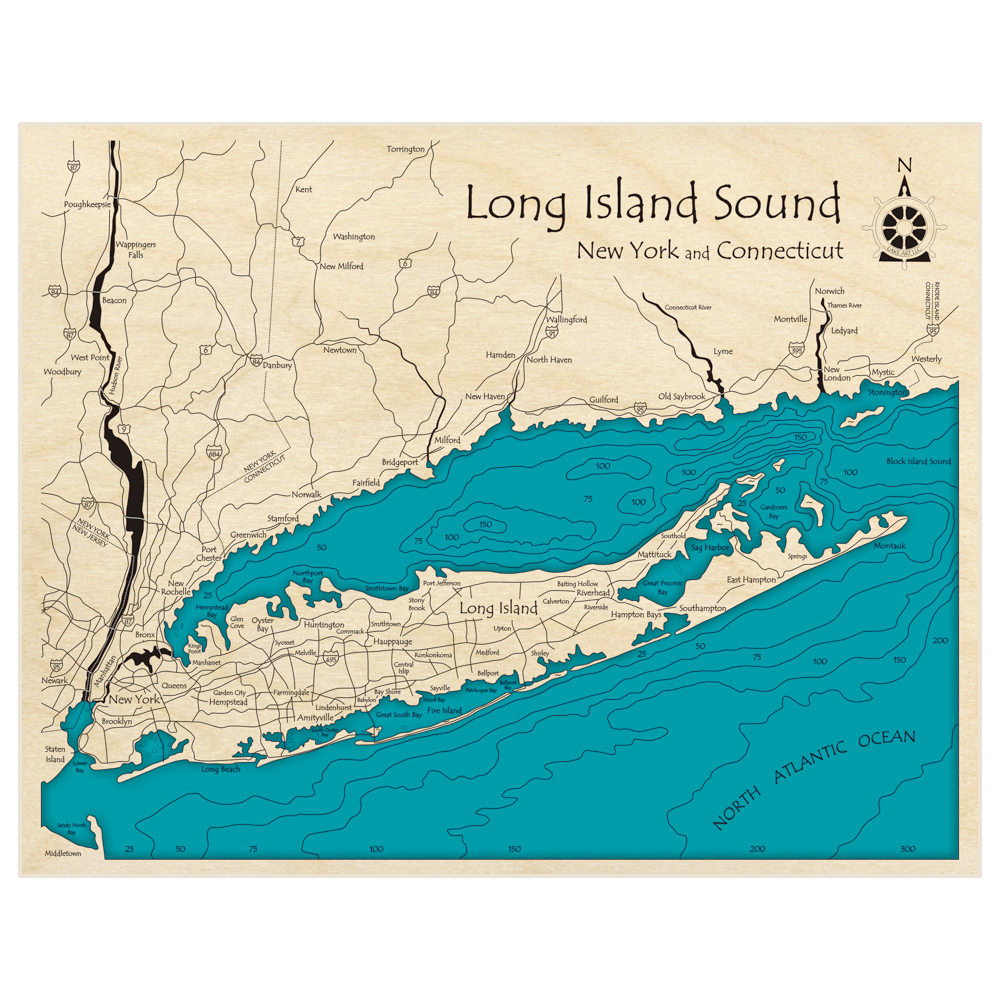 Long Island Sound 3D Custom Wood Map Lake Art LLC