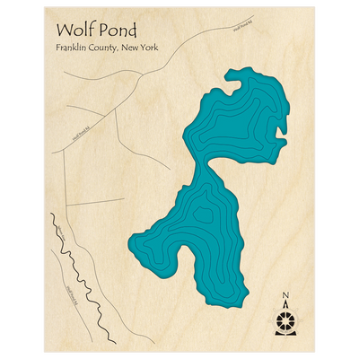 Bathymetric topo map of Wolf Pond (ZIP 12989) with roads, towns and depths noted in blue water