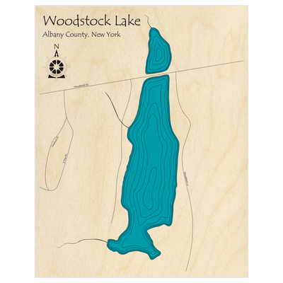 Bathymetric topo map of Woodstock Lake  with roads, towns and depths noted in blue water