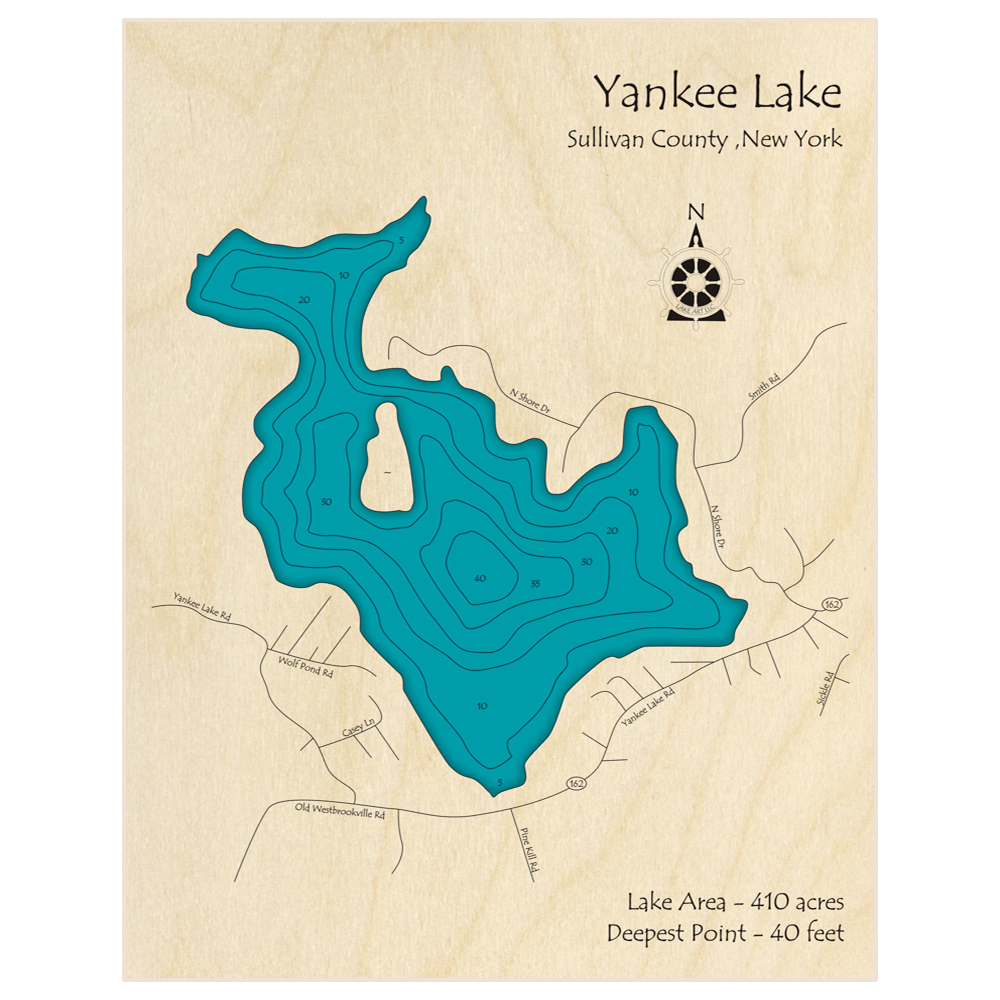 Bathymetric topo map of Yankee Lake with roads, towns and depths noted in blue water