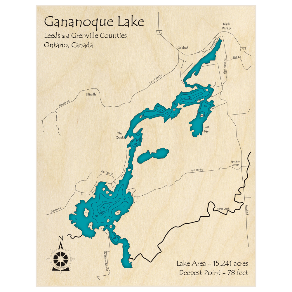 Gananoque Lake 3D Custom Wood Map Lake Art LLC