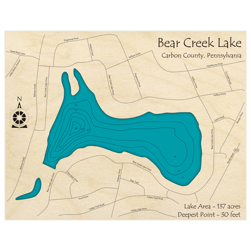 Bathymetric topo map of Bear Creek Lake with roads, towns and depths noted in blue water