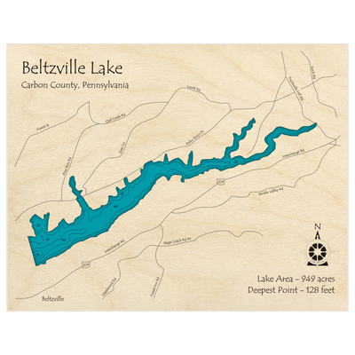 Bathymetric topo map of Beltzville Lake with roads, towns and depths noted in blue water