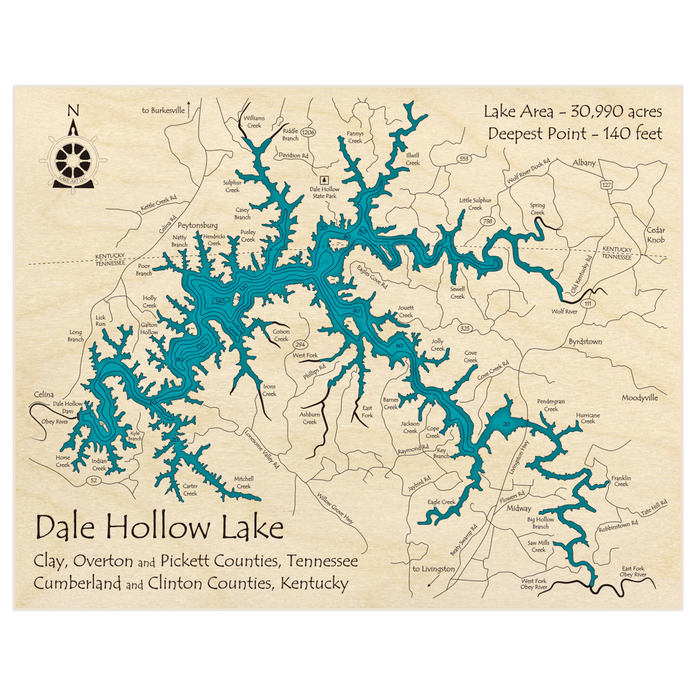 Dale Hollow Lake Map, CNC Engraved Lake Map, 2024 Tennessee Lake Map