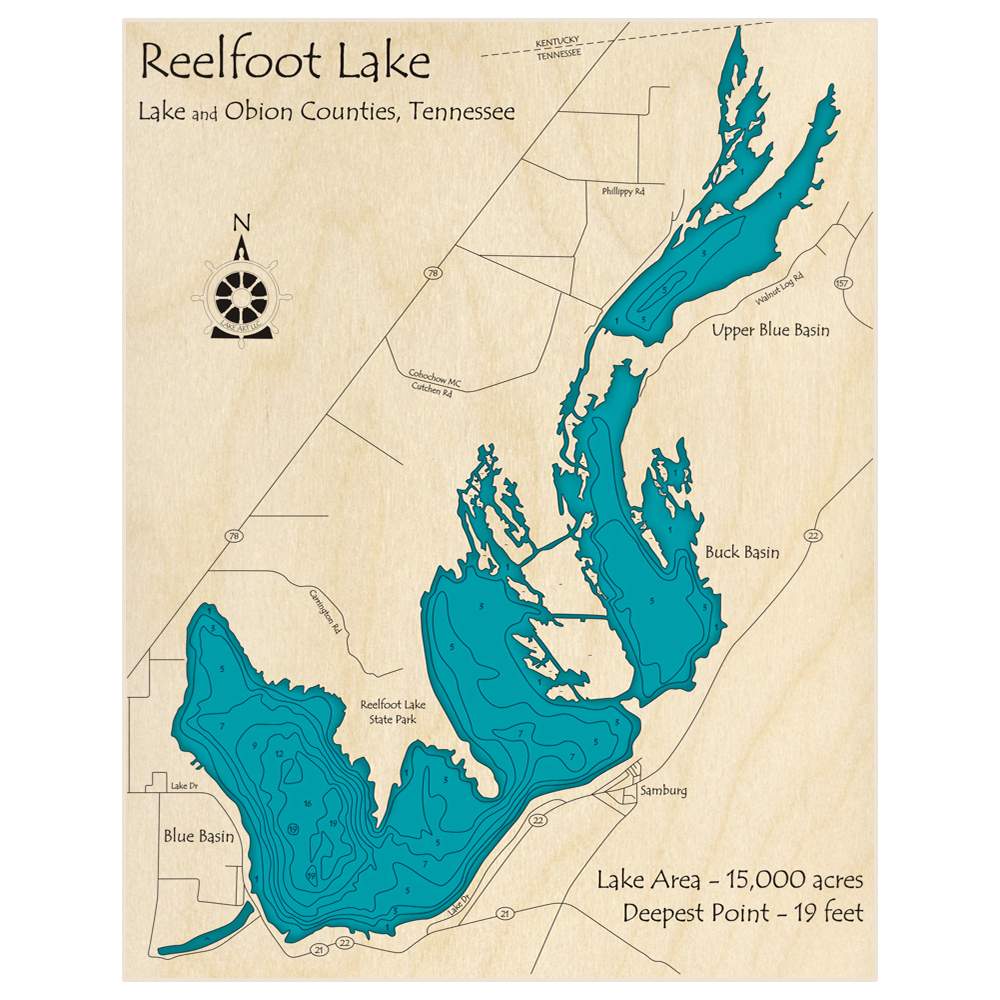 Reelfoot Lake, Tennessee - laser cut wood map
