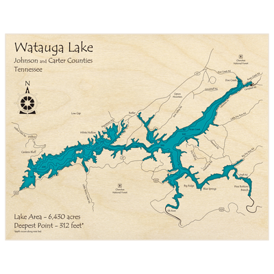 Bathymetric topo map of Watauga Lake with roads, towns and depths noted in blue water