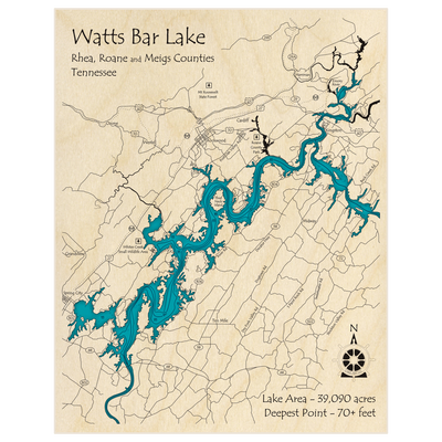 Bathymetric topo map of Watts Bar Lake with roads, towns and depths noted in blue water