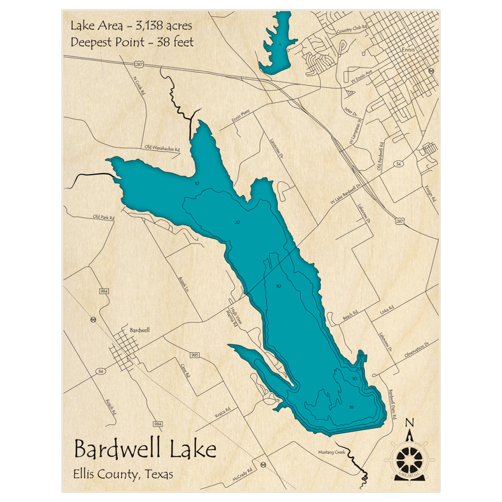 Bathymetric topo map of Bardwell Lake with roads, towns and depths noted in blue water