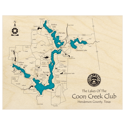 Bathymetric topo map of The Lakes of the Coon Creek Club with roads, towns and depths noted in blue water