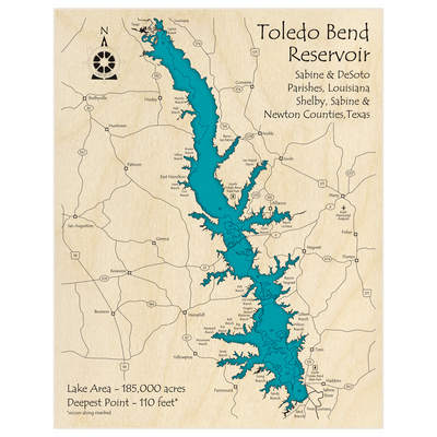 Bathymetric topo map of Toledo Bend Reservoir with roads, towns and depths noted in blue water