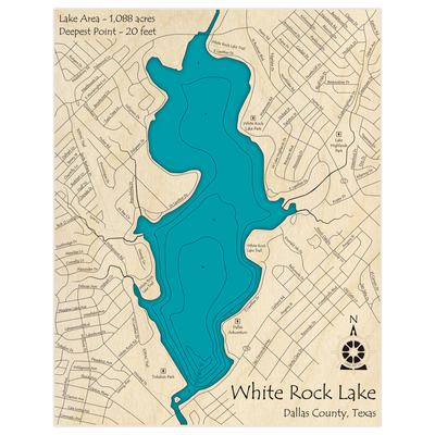 Bathymetric topo map of White Rock Lake with roads, towns and depths noted in blue water