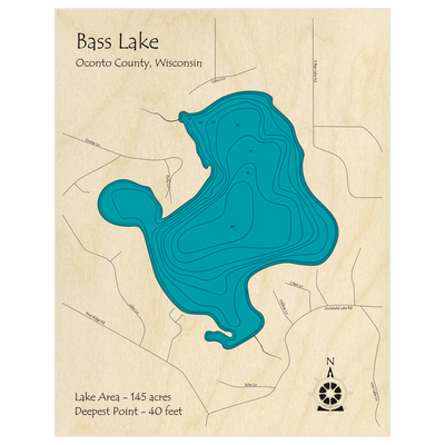 Bathymetric topo map of Bass Lake with roads, towns and depths noted in blue water