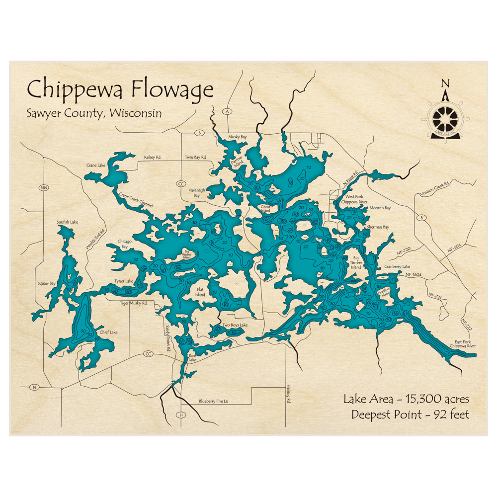 Chippewa Flowage 3D Custom Wood Map Lake Art LLC