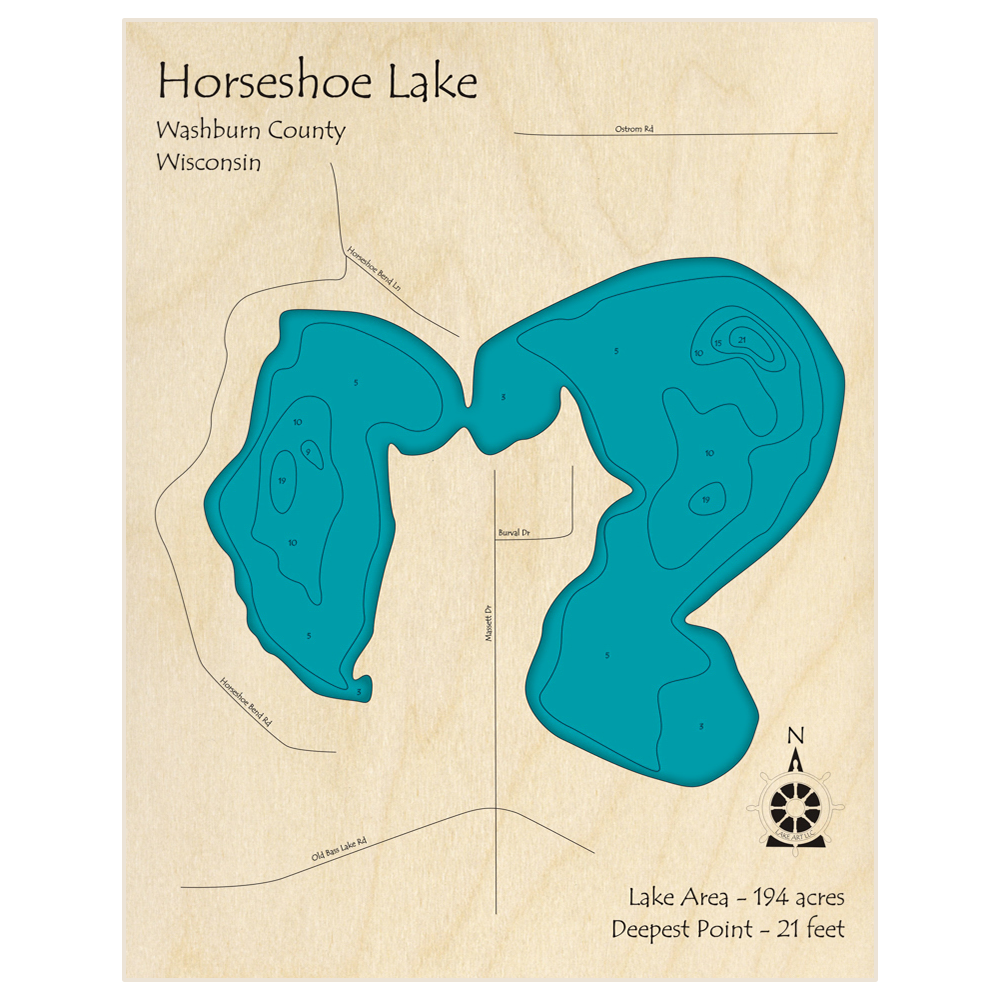 Horseshoe Lake 3D Custom Wood Map Lake Art LLC