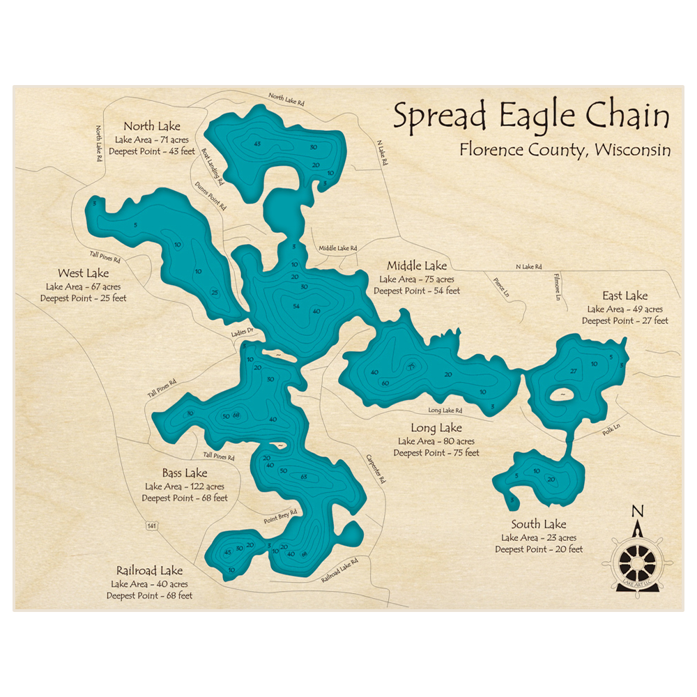 Spread Eagle Chain of Lakes 3D Custom Wood Map – Lake Art LLC