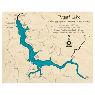 Bathymetric topo map of Tygart Lake  with roads, towns and depths noted in blue water