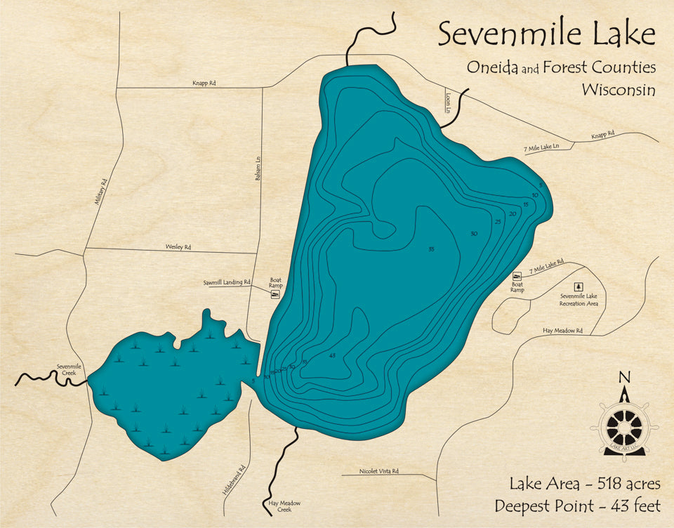 Bathymetric topo map of Sevenmile Lake with roads, towns and depths noted in blue water