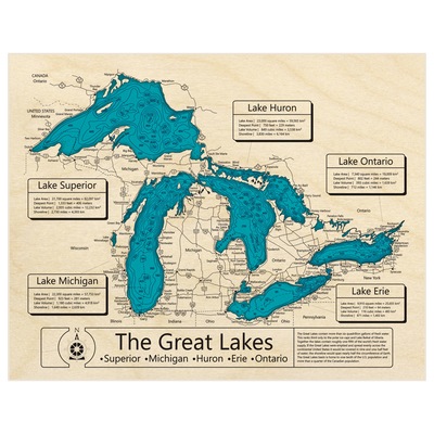 Bathymetric topo map of Great Lakes with roads, towns and depths noted in blue water