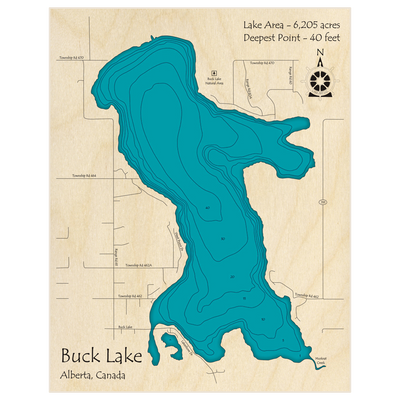 Bathymetric topo map of Buck Lake with roads, towns and depths noted in blue water