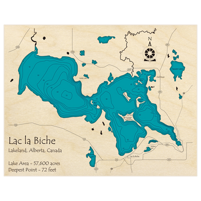 Bathymetric topo map of Lac la Biche with roads, towns and depths noted in blue water