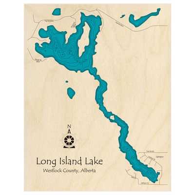 Bathymetric topo map of Long Island Lake with roads, towns and depths noted in blue water