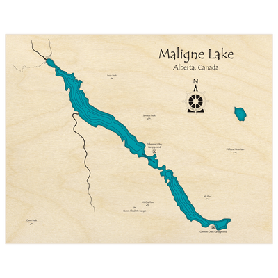 Bathymetric topo map of Maligne Lake  with roads, towns and depths noted in blue water