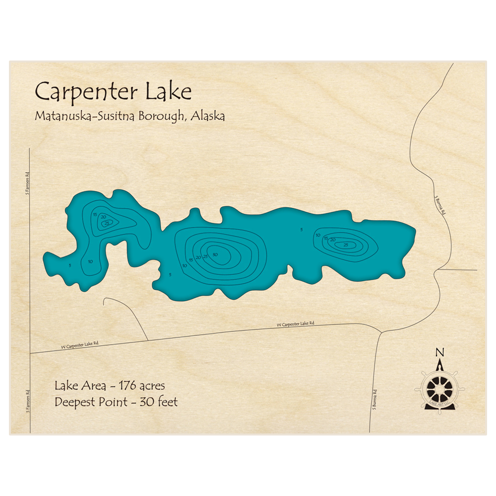 Bathymetric topo map of Carpenter Lake with roads, towns and depths noted in blue water