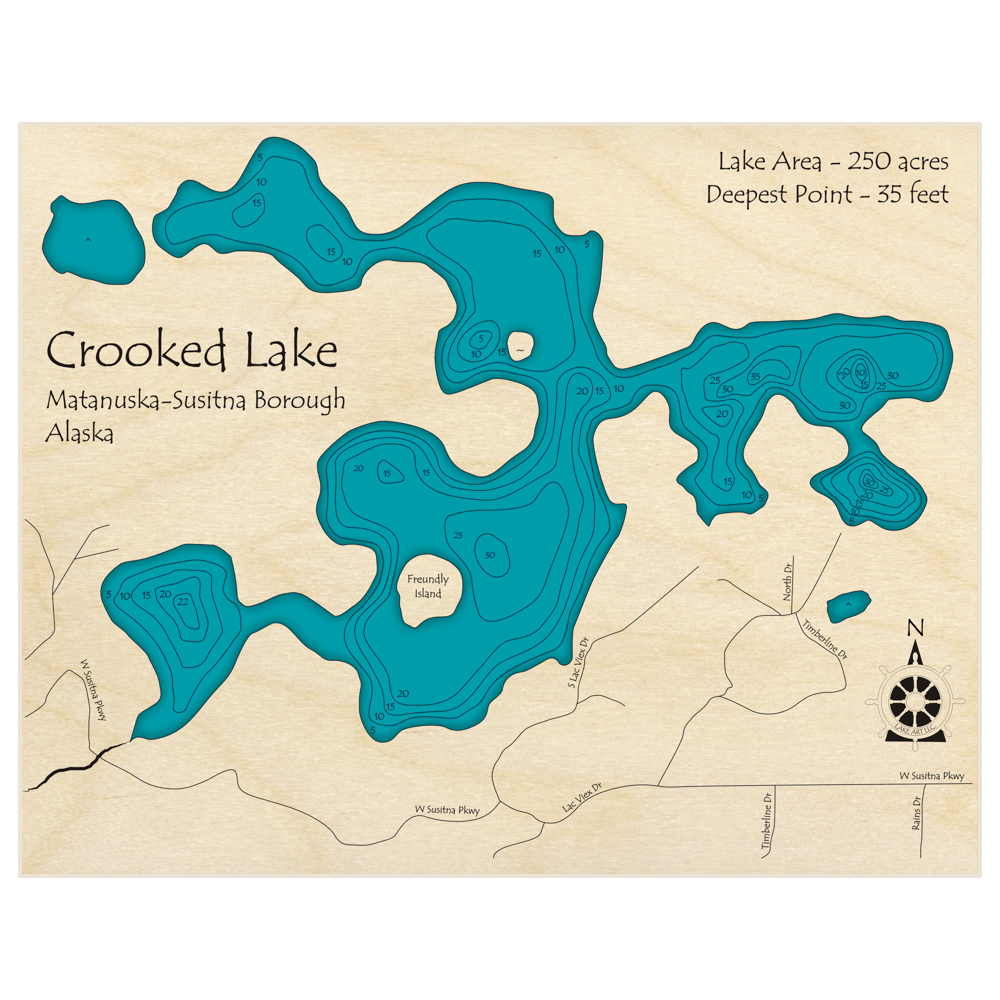 Bathymetric topo map of Crooked Lake with roads, towns and depths noted in blue water