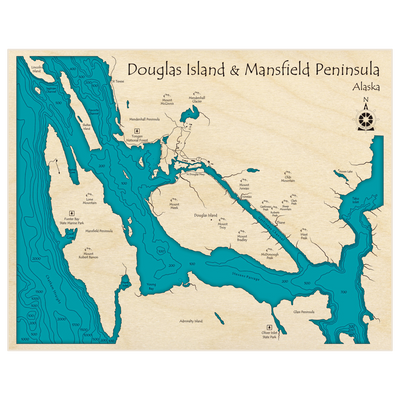 Bathymetric topo map of Douglas Island and Mansfield Peninsula with roads, towns and depths noted in blue water