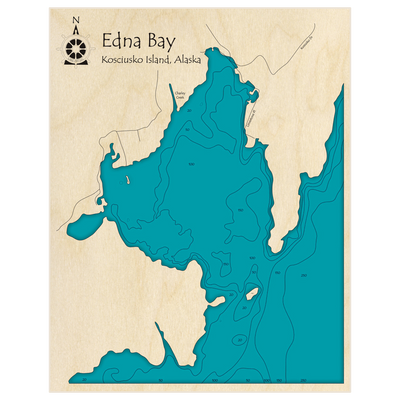 Bathymetric topo map of Edna Bay with roads, towns and depths noted in blue water