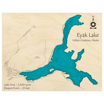 Bathymetric topo map of Eyak Lake with roads, towns and depths noted in blue water