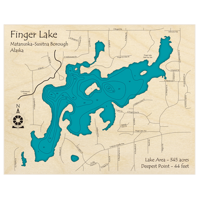 Bathymetric topo map of Finger Lake with roads, towns and depths noted in blue water