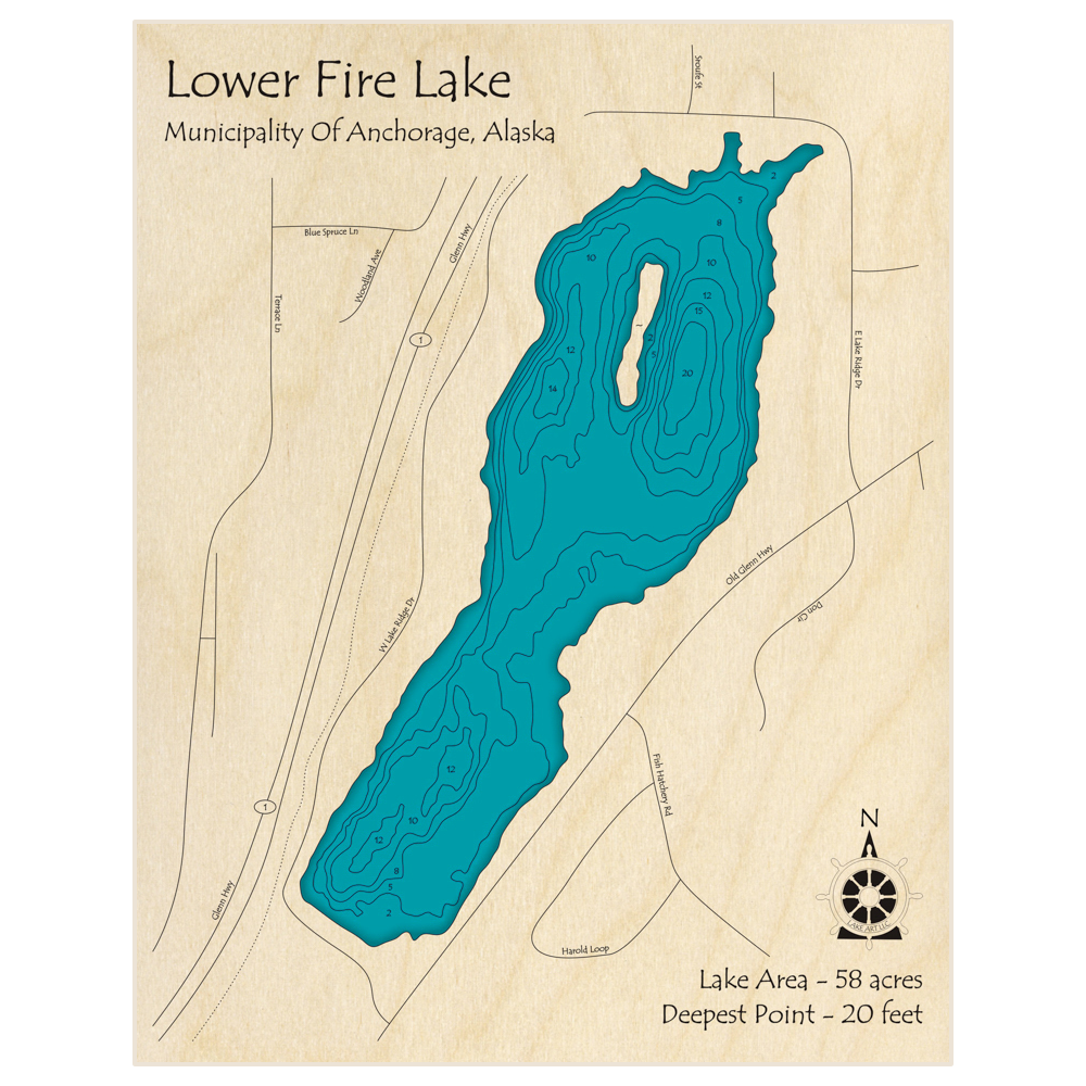 Lower Fire Lake 3D Custom Wood Map – Lake Art LLC