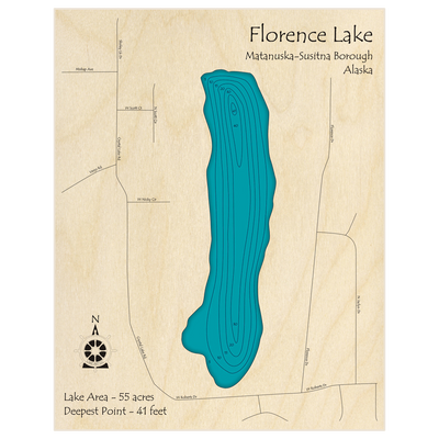 Bathymetric topo map of Florence Lake with roads, towns and depths noted in blue water