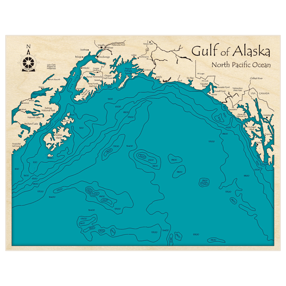 Bathymetric topo map of Gulf of Alaska with roads, towns and depths noted in blue water