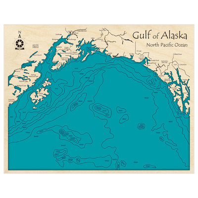 Bathymetric topo map of Gulf of Alaska with roads, towns and depths noted in blue water