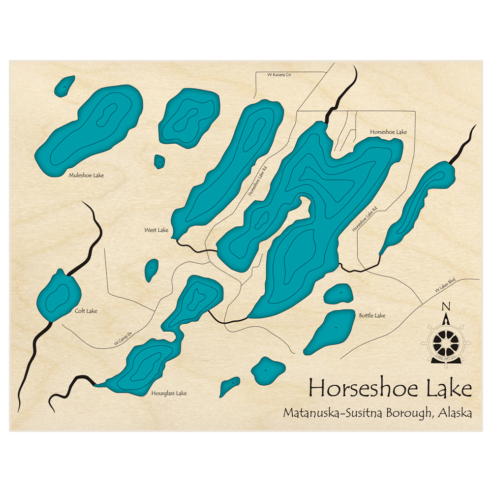 Bathymetric topo map of Horseshoe Lake with roads, towns and depths noted in blue water