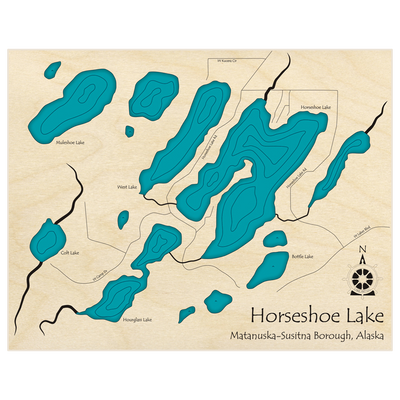 Bathymetric topo map of Horseshoe Lake with roads, towns and depths noted in blue water