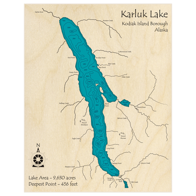 Bathymetric topo map of Karluk Lake with roads, towns and depths noted in blue water