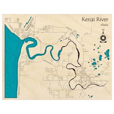 Bathymetric topo map of Kenai River (From Kenai to Soldotna) with roads, towns and depths noted in blue water