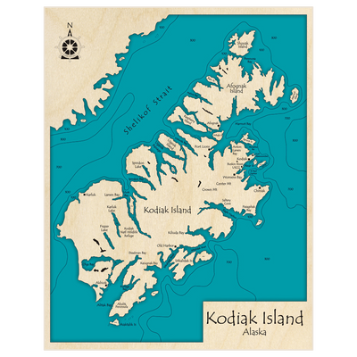 Bathymetric topo map of Kodiak Island with roads, towns and depths noted in blue water